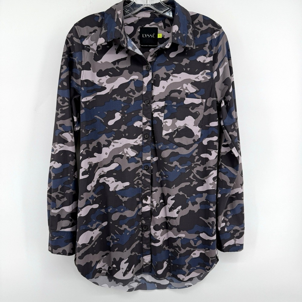 Lysse Shirt Womens Small Blue Geometric Stretch Shirt Camo Print Button Front